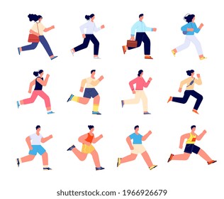 People running. Female run, race healthy group. Jogging person, employee and athlete characters. Sport exercise, competition utter vector set