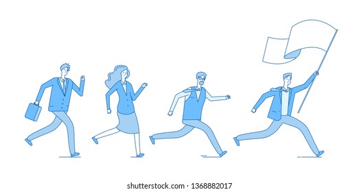 People running with flag. Business persons following leader leading office team. Leadership entrepreneurship vector concept