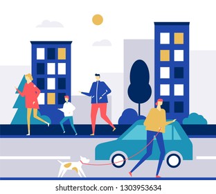 People running - flat design style colorful illustration. High quality composition with male, female characters, active boys and girls jogging on the road in the city. Healthy lifestyle concept
