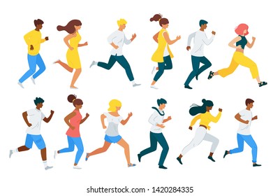 People running flat vector characters set. Leadership race, pursuit metaphor. Healthy lifestyle, men and women jogging isolated cliparts pack. Trader, marketers, office workers team chasing