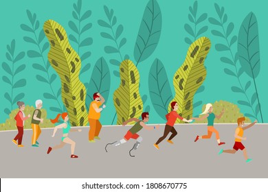 people running in forest, running in nature, sporting lifestyle, healthy running for elderly, design cartoon illustration. Preparing for youth marathon, active athlete disabled, outdoors in training.