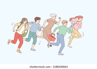 People Running Go Shopping On Sales. Excited Shopaholics Rush Hurry For Discounts Or Promotion. Vector Illustration. 