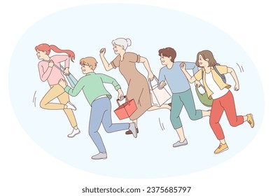 People running go shopping on sales. Excited shopaholics rush hurry for discounts or promotion. Vector illustration.