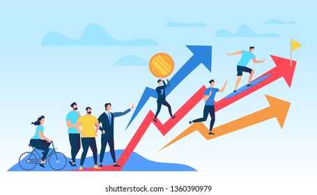People Running Up Growing Red Graph Arrow Directed with Business Man Advisor or Trainer. Men and Women Watching on Competition. Path to Success in Financial World. Cartoon Flat Vector Illustration.