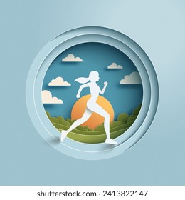 People running for health in nature mountain landscape.Marathon or Trail running sport activity. Paper art vector illustration.