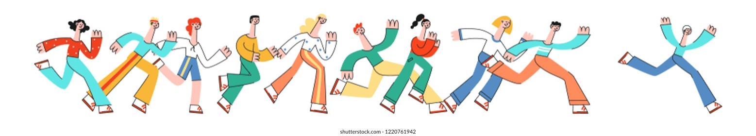 People running horizontal banner in flat style - men and women moving forward isolated on white background. Vector illustration of sport marathon for healthy and sporty lifestyle concept.