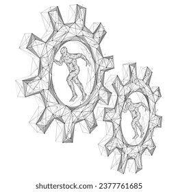 People running inside the gears. Polygonal design. White background.