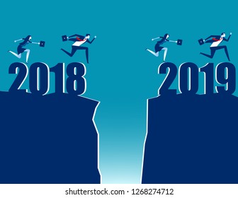 People running and jumping to new year. Business team competition in 2019. Concept business new year vector illustration.
