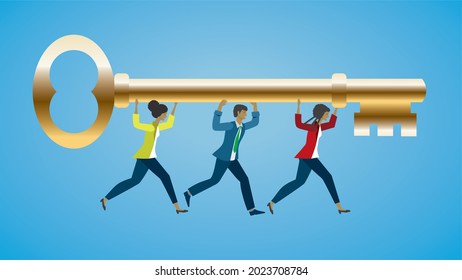People running with the key to success, the golden key. Dimension 16:9. Vector illustration.