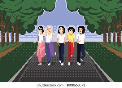 personas que ejecutan el fondo del paisaje ilustración vectorial estilo de arte de píxeles