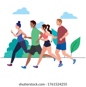 people running in landscape, group persons in sportswear jogging, people athlete, sporty persons vector illustration design