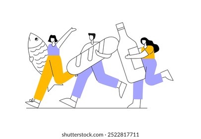 People are running with large food items. With fish, bread and a bottle of wine. Flat line style