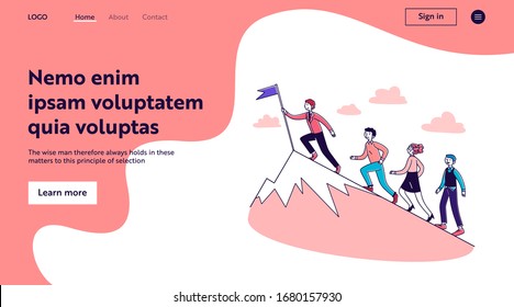 Menschen, die für den Anführer herumlaufen, setzen die Fahne oben. Geschäftsmannschaft klettert Berggipfel. Vektorillustration-Illustration für Führung, Herausforderung, Sieg, Erfolg, Zielkonzept
