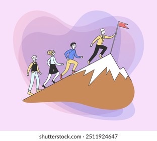 People running for leader uphill, setting flag on top. Business team climbing mountain peak. Vector illustration for leadership, challenge, winning, success, goal concept