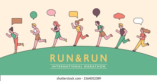 People are running in line for a healthy lifestyle. Banner poster design composition. flat design style minimal vector illustration.