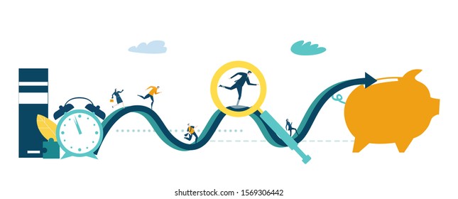 People running the long way to the piggy bank, savings, bonds. Running businessman was magnified by magnify glass. Time - money concept.