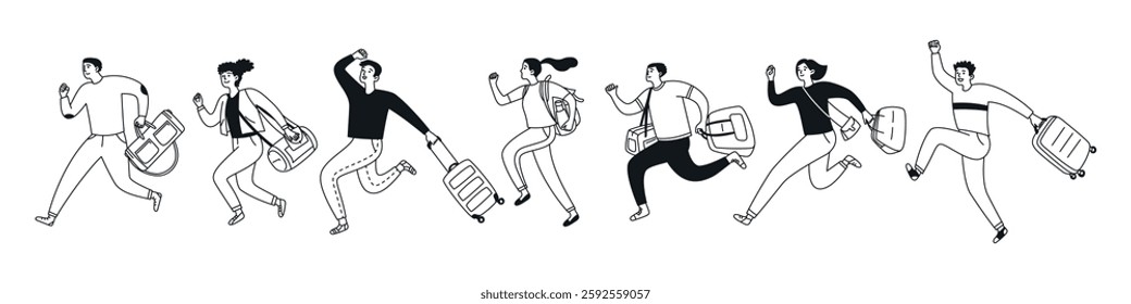 People running with Luggage and bags in their hands. Men, women actively moving. Travel. Linear set of characters. Vector illustration isolated in doodle style