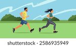 People are running marathon against the background of park and blue sky. Vector illustration.