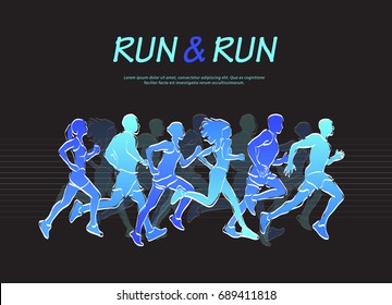 People running marathon, blue and black vector illustration
