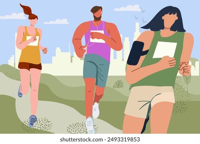 People running a marathon. Jogging, running people. Active healthy joggers, runners training in the city park, against the background of the panorama of the city. Flat vector illustration