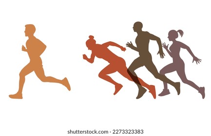 People are running a marathon. A man pulls ahead. Silhouettes of people running.
