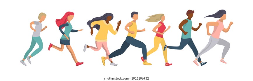 People are running a marathon. Men and women of different nationalities go in for sports together. Participation in sports races, athletic competitions. Run. Flat style on an isolated white background