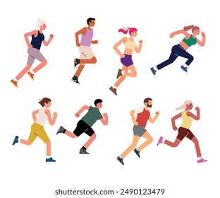 People are running a marathon. Men and women of different nationalities go in for sports together. Participation in sports races, athletic competitions. Run. Flat style on an isolated white background