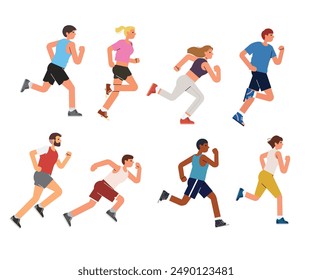 People are running a marathon. Men and women of different nationalities go in for sports together. Participation in sports races, athletic competitions. Run. Flat style on an isolated white background