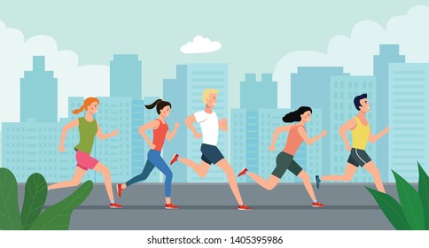 People running marathon on the background of the city. Vector flat style illustration