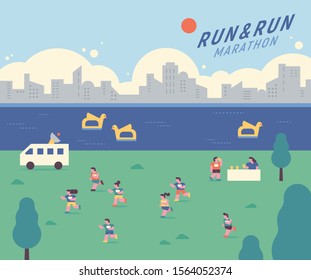 People running marathon on the background of the city and the river. Han River background with buildings and a duck boat. flat design style minimal vector illustration.