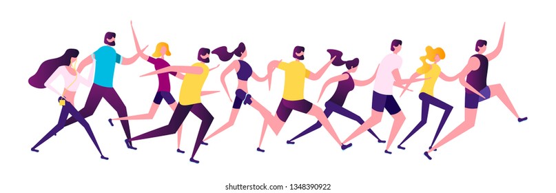 People running. Marathon runner  athlete vector characters on white background. Jogging people training exercise. Group of active man and woman running on race concept. 