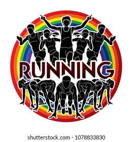 People running, Marathon Runner with text Running designed on rainbows background graphic vector