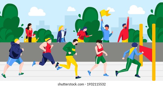 People Running Marathon Together To Finish Line. Group Of Diverse Marathon Runners Taking Part In Run Competition Outdoors. Sports Race Concept Flat Vector Illustration