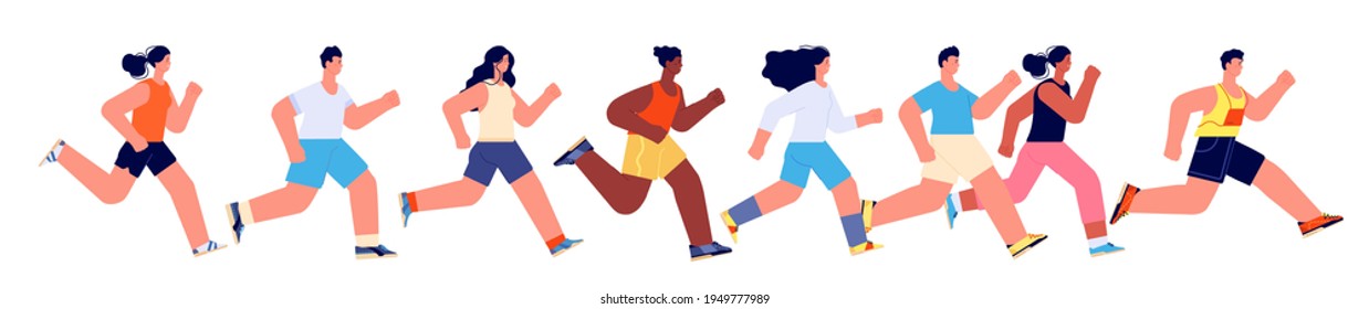 People running marathon. Woman jogging summer, sport athletes or runner. Flat athletic men women, isolated active race utter vector characters