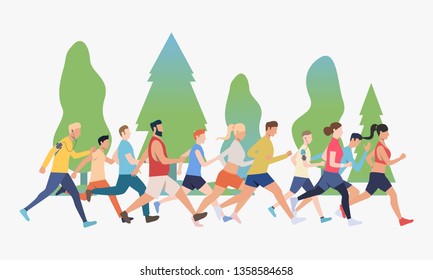 People running marathon in woods vector illustration. Jogging, healthy lifestyle, competition. Sport concept. Design for website templates, posters, banners