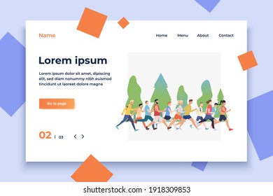 People running marathon in woods vector illustration. Jogging, healthy lifestyle, competition. Sport concept. Design for website templates, posters, banners