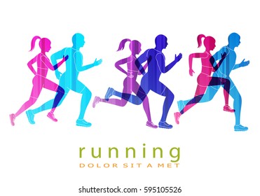 People running marathon,logo template.Sport and club logotype.For web site,poster,placard,backdrop and wallpaper. Also useful for fitness center,t-shirt and apparel. Transparent overlay colors concept