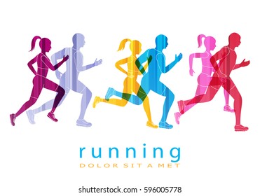 People running marathon,logo template.Sport and club logotype.For web site,poster,placard,backdrop and wallpaper. Also useful for fitness center,t-shirt and apparel. Transparent overlay colors concept