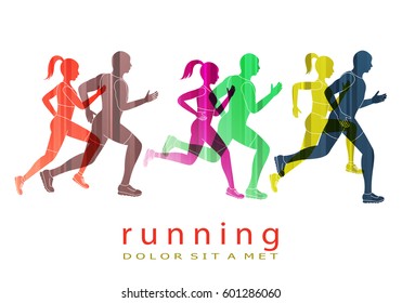 People running marathon,logo template.Sport and club logotype.For web site,poster,placard,backdrop and wallpaper. Also useful for fitness center,t-shirt and apparel. Transparent overlay colors concept