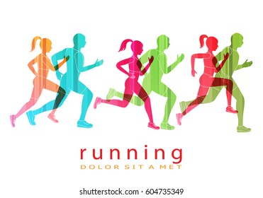 People running marathon,logo template.Sport and club logotype.For web site,poster,placard,backdrop and wallpaper. Also useful for fitness center,t-shirt and apparel. Transparent overlay colors concept