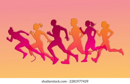 People are running  Men  women  people and prosthetic legs are running  Silhouette and gradient   line  Pink yellow colors  