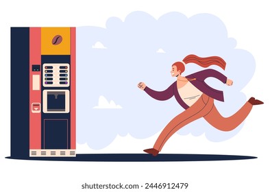 People running for morning coffee concept. Vector cartoon graphic design element illustration