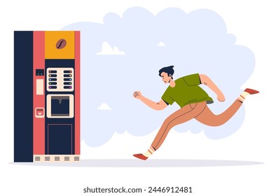 People running for morning coffee concept. Vector cartoon graphic design element illustration