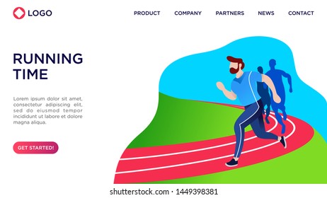 People running on the city park. Landing page and header concept. Flat vector illustration