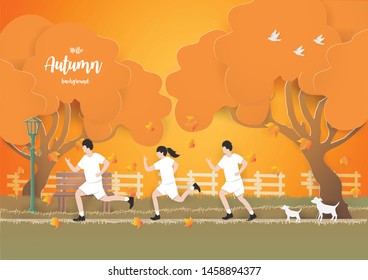 People running on the grass in autumn background,Exercise makes healthy,paper craft vector and illustration.