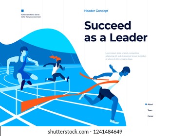People running on the stadium to win and succeed. Bussines and Leadership. Flat vector illustration. Landing page and header concept