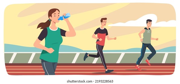 People running on a track. Woman drinking water on run, hydrating during workout. Sportsman runners exercising together. Athletes jogging, completing daily routine training. Flat vector illustration