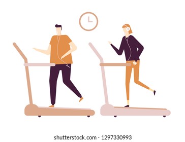 People running on treadmill - flat design style colorful illustration on white background, brown palette. High quality composition with male, female characters, boy and girl at the gym in earphones