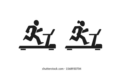 People running on a treadmill vector icon. Man and woman working out at the gym. 