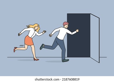 People running to open door being late in office. Businesspeople or employee hurry leaving workplace on Friday. Vector illustration. 